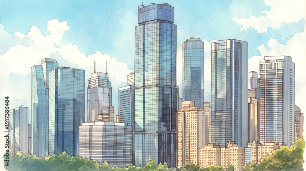 Obraz premium 街を象徴する高層ビルの景観イラスト、都市風景の背景素材、ビジネス街のイメージ、建築・都市開発・企業サイトのキービジュアルに使える、コピースペース広め、汎用性の高い構図