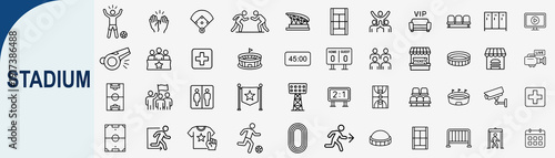 stadium sports and event facility icons, minimal outline vector set
