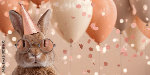 A rabbit wearing a festive hat and round glasses is sitting among balloons and flying confetti. Birthday party.
