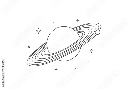 Black and white line art illustration of a ringed planet with orbiting celestial bodies and star shapes