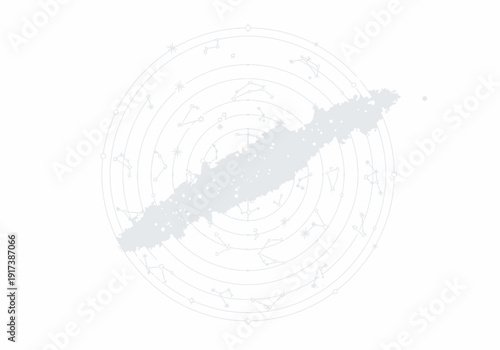 Faint stylized illustration of a galaxy obscuring a circular star chart