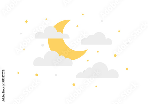 Minimalist illustration of a yellow crescent moon partially obscured by white and gray clouds and small stars