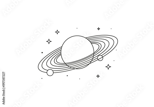 Black and white line art drawing of a ringed planet with orbiting moons and surrounding stars