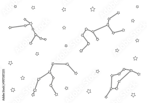 Black and white line art of four distinct star constellations against a white background