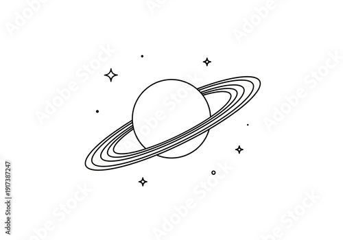 Black outline drawing of the planet Saturn with prominent rings surrounded by scattered small star shapes