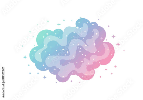Colorful swirling cloud shape with white stars and dots on a white background