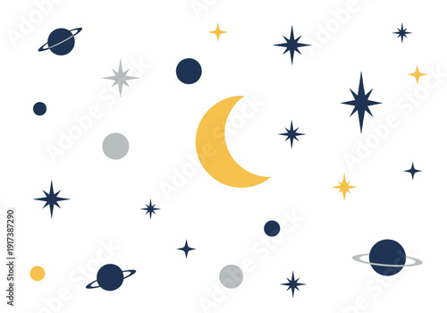 Flat graphic illustration of a white background with scattered celestial bodies in navy yellow and gray