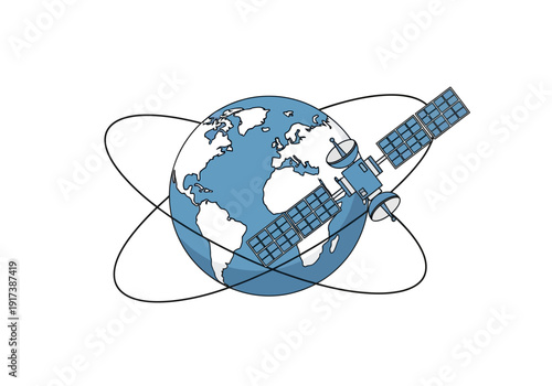 Stylized Earth with satellite in orbit and orbital lines
