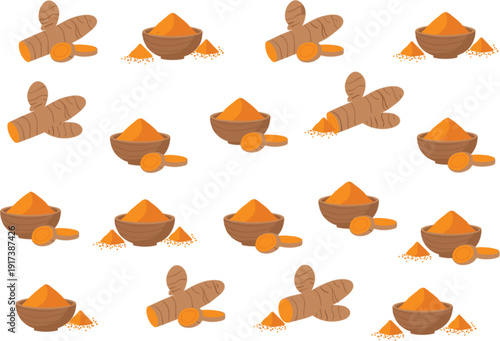 Turmeric spice flat icon collection with powder heaps and fresh roots isolated on white background for healthy cooking design
