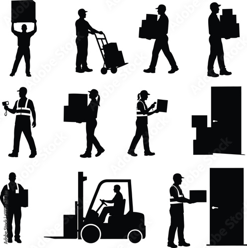 Warehouse Workers And Forklift Cargo Handling Silhouette Set