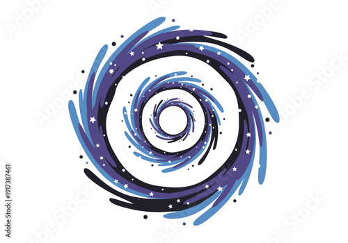 Swirling vortex illustration with blue purple and dark streaks and white stars on a white background