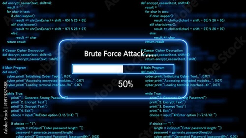 cyan glowing progress bar shows 100% percent of brute force attack on a background of computer code programming. 4k animation 