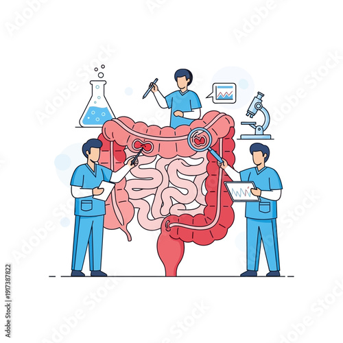 Medical team examining human intestines, internal organs, medical research, laboratory, science