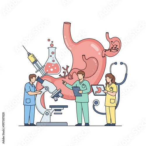 Medical Team Examining Stomach Anatomy with Microscope and Digital Tablet