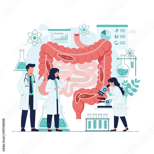 Gastroenterology research: doctors study human intestines with microscope and lab equipment