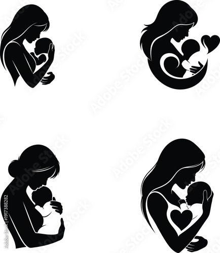 Mother day silhouette illustrations of loving mothers and children