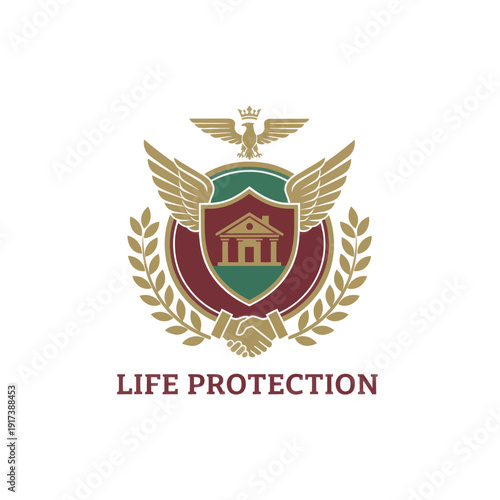 A symbolic emblem featuring wings, a crown, and a handshake, representing security and alliance