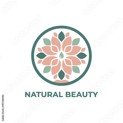 Abstract floral pattern in pink, green, teal encircled by green border, text below