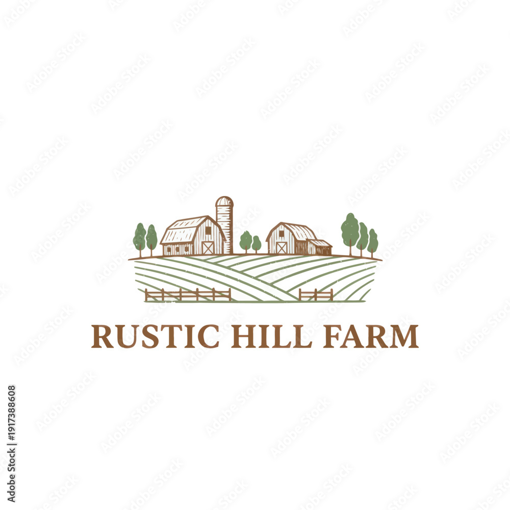 Obraz premium Rustic farm with barns, silo, trees, fields, and fences on a gentle hill under a clear sky