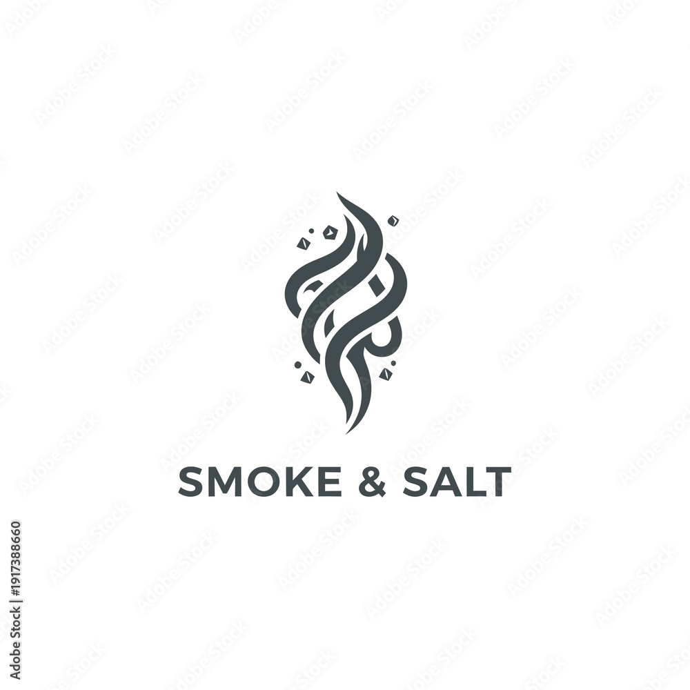 Obraz premium Abstract stylized smoke with scattered salt crystals above 'Smoke & Salt' text in monochrome design