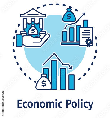 Economic Policy blue concept icon with Monetary Policy, Fiscal Policy, Economic Recession.