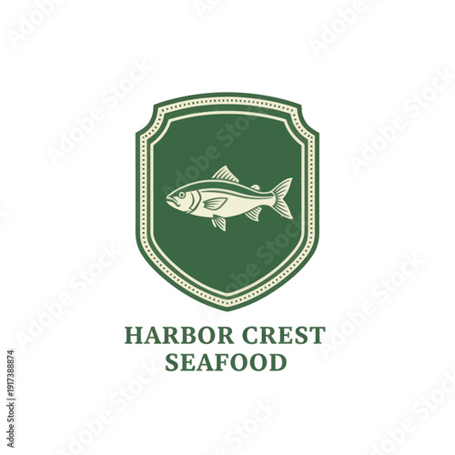 Green shield with fish illustration and text beneath, conveying a classic and vintage seafood theme
