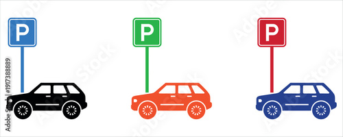 Car Parking Zone and Traffic Sign Icons Set for Urban Navigation Vector Illustration.