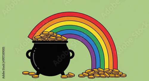 Black cauldron filled with gold coins under a vibrant rainbow on green background symbolizing good fortune and wealth