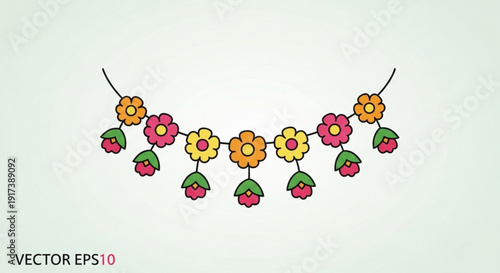 Colorful floral garland with pink yellow and orange flowers hanging on strings decorative elements for party or celebration