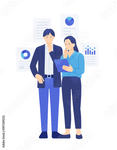 グラフを背景に分析するビジネスパーソン。タブレットでデータを共有する男女の全身イラスト素材。