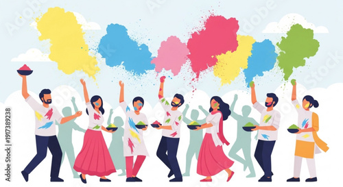 People celebrating holi festival with colorful powder and joyful atmosphere outdoor