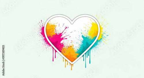 Colorful heart with vibrant paint splatters on light green background symbolizing love and creativity