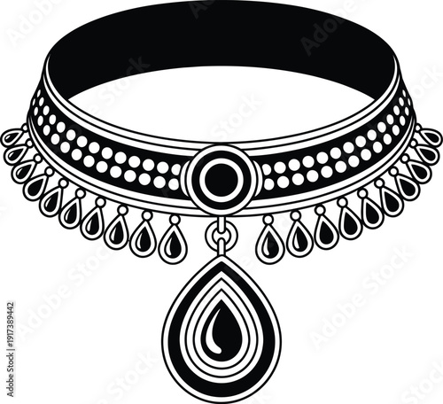 Elegant black and white geometric pendant necklace with intricate designs and teardrop accents