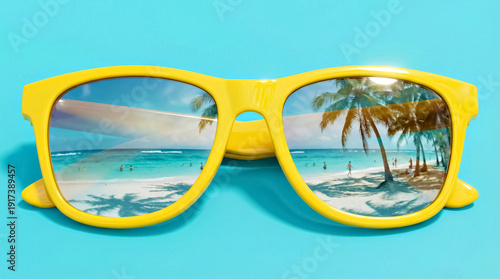 Yellow sunglasses reflecting a tropical beach scene on a blue background. Summer travel and vacation concept. Relaxation and holiday mood.