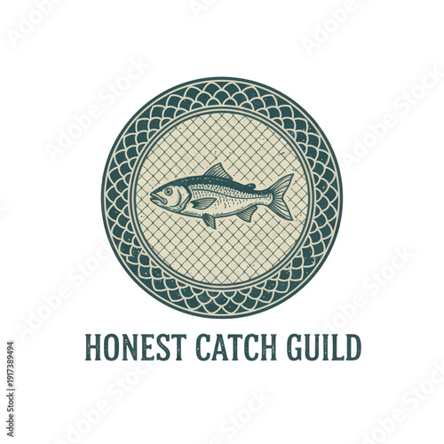 A vintage-inspired logo featuring a fish centered within an intricate circular design framework