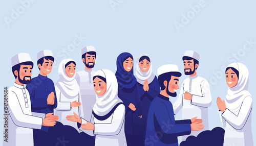 Muslim community greeting and shaking hands flat vector illustration