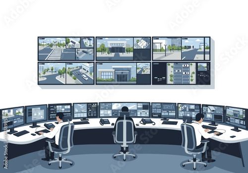 Surveillance operators monitoring multiple screens in a high-tech control room with advanced technology and modern equipment