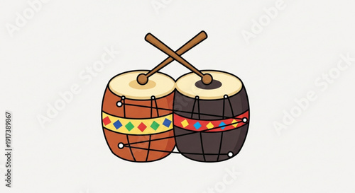 Colorful bongo drums with vibrant patterns and drumsticks on a plain white background perfect for music and cultural themes