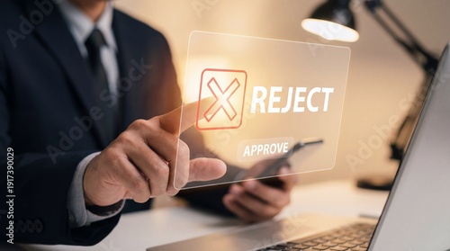 Businessman rejecting document on transparent screen in modern office