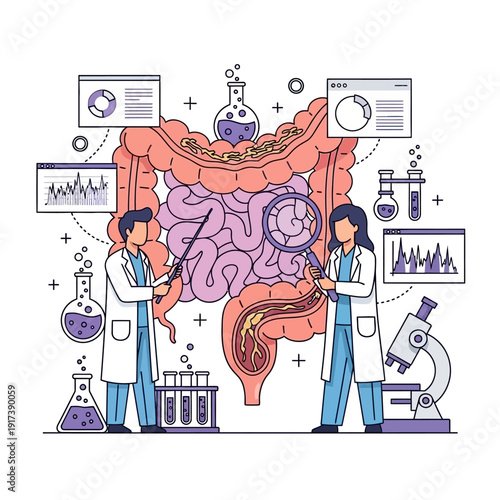 Medical Researchers Study Intestines with Microscope and Lab Equipment