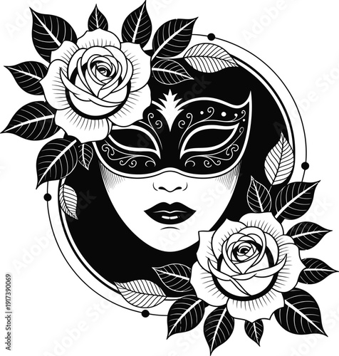 Elegant black and white mask adorned with roses and intricate lace detailing