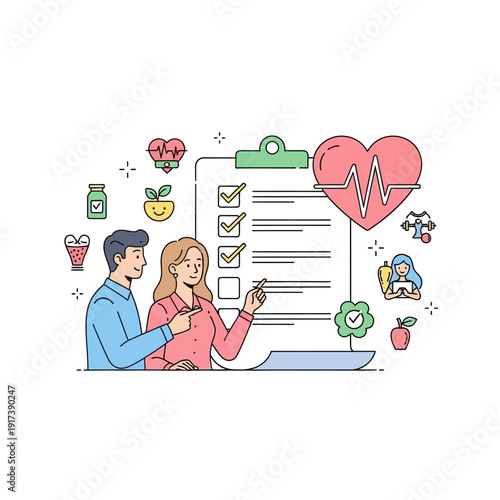 Healthy Lifestyle Checklist: Couple Planning Diet and Exercise for Wellness