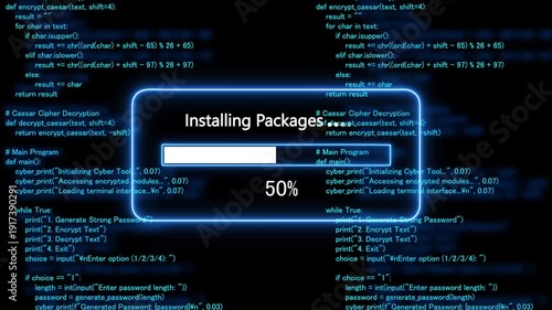 cyan glowing progress bar shows 100% percent of installing packages on a background of computer code programming. 4k animation 