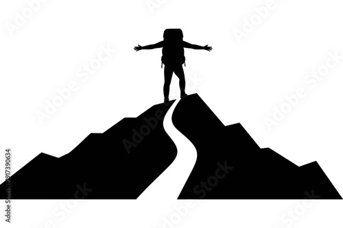 A triumphant hiker standing on a mountain peak with arms outstretched in victory