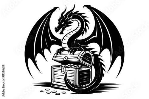 A black and white illustration of a dragon guarding a treasure chest