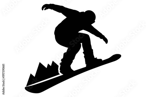 A black silhouette of a snowboarder in action on a mountain