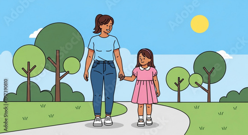 Mother and daughter walking hand in hand on a winding park path under sunny sky with trees