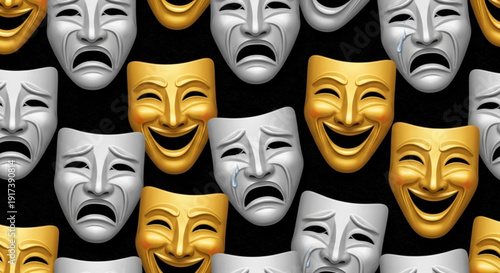 Collection of silver and gold comedy and tragedy masks on black background representing theater and drama emotions