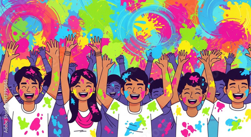 Diverse group of happy children celebrating with colorful paint splatters on their faces and clothes in a vibrant festive atmosphere