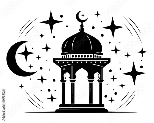 Mosque silhouette crescent moon stars peaceful celestial Islamic night
